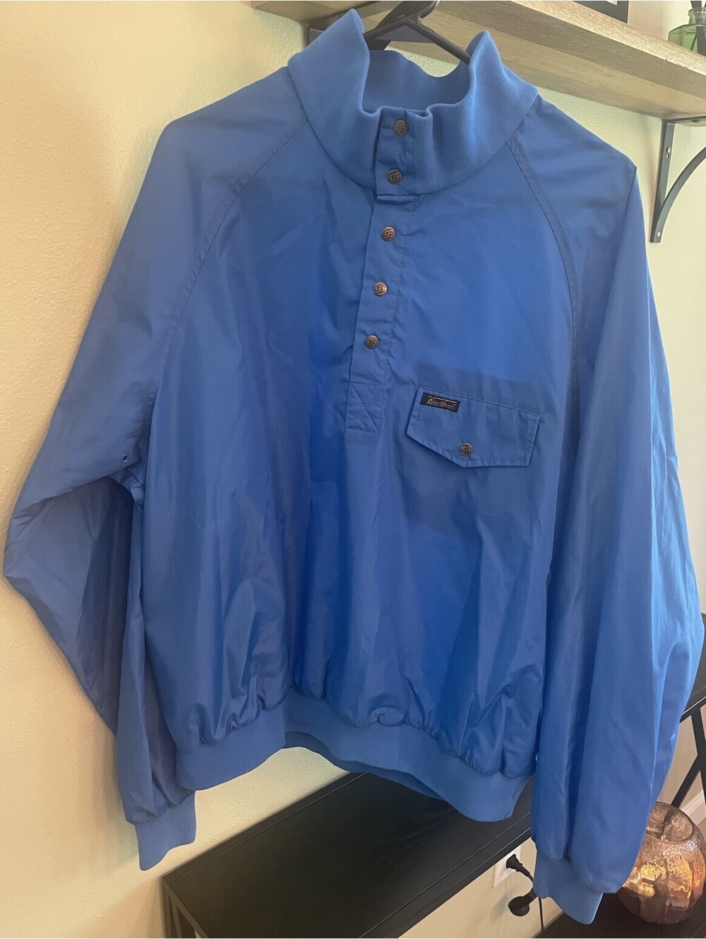 VINTAGE Eddie Bauer Jacket Mens XL Blue Windbreaker Nylon Snap Quarter Pullover